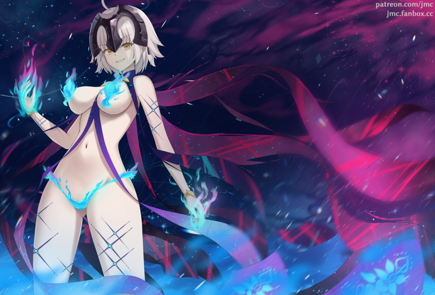 blue_fire body_markings breasts cosplay earrings fate/grand_order fate_(series) female finger_heart fire flower headpiece jeanne_d'arc_alter_(avenger)_(fate) jeanne_d'arc_alter_(fate) jewelry joko_jmc kama_(fate) kama_(swimsuit_avenger)_(fate) kama_(swimsuit_avenger)_(fate)_(cosplay) large_breasts looking_at_viewer lotus medium_hair navel revealing_clothes smile solo star_(symbol) star_earrings teeth white_hair yellow_eyes