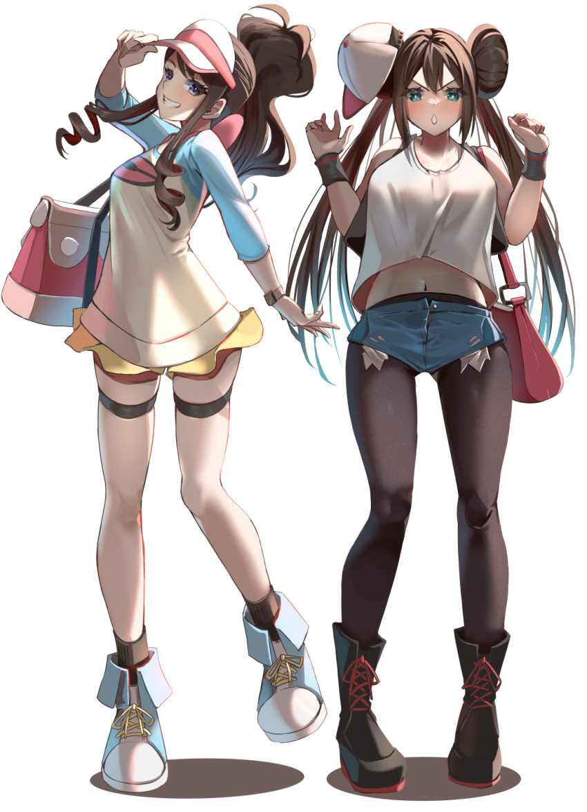 2girls baseball_cap black_pantyhose blue_eyes blue_shorts blush breasts brown_hair cosplay costume_switch denim denim_shorts double_bun doughnut_hair_bun full_body hair_bun hat high_ponytail highres hilda_(pokemon) hilda_(pokemon)_(cosplay) large_breasts long_hair momdy_(talesshinja) multiple_girls navel pantyhose poke_ball_print pokemon pokemon_bw pokemon_bw2 rosa_(pokemon) rosa_(pokemon)_(cosplay) shirt short_shorts shorts simple_background visor_cap white_background white_hat white_shirt yellow_shorts