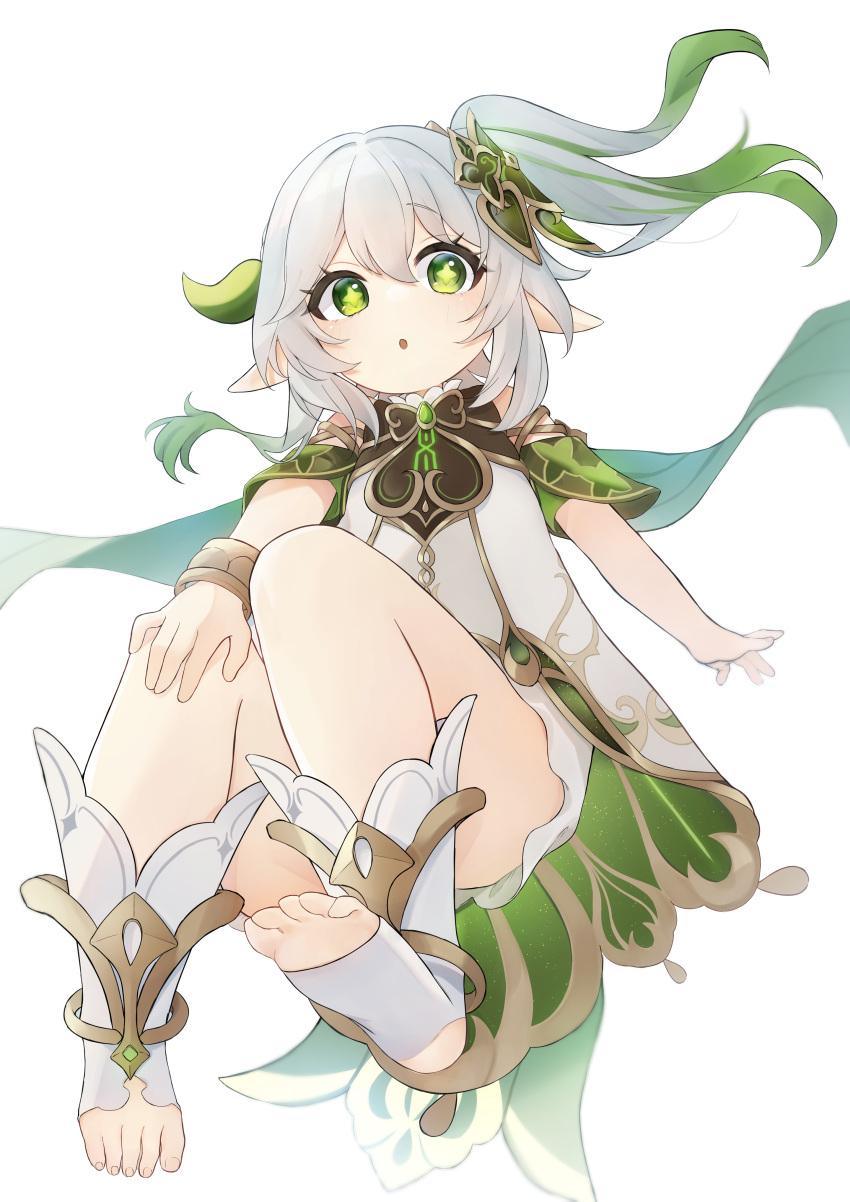 :o absurdres bloomers blush bracelet cape commentary cross-shaped_pupils detached_sleeves dress feet female full_body genshin_impact gold_trim gradient_hair green_cape green_eyes green_hair green_sleeves hair_between_eyes hair_ornament half_crown_braid highres iroha_(mimi0618xx) jewelry leaf_hair_ornament long_hair looking_at_viewer multicolored_hair nahida_(genshin_impact) open_mouth pointy_ears side_ponytail sidelocks soles solo stirrup_footwear stirrup_legwear symbol-shaped_pupils toeless_footwear toeless_legwear toes white_background white_bloomers white_dress white_hair