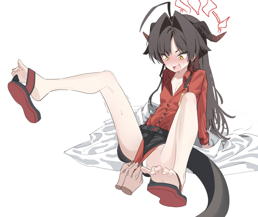 ahoge bare_legs black_hair black_shorts blue_archive blush clothes_pull collared_shirt commentary_request demon_girl demon_horns demon_tail disembodied_hand feet female full_body hair_intakes halo highres horns kasumi_(blue_archive) lab_coat legs legs_up long_hair long_sleeves long_tail mangpum_(taro109210) open_mouth panties panties_under_shorts panty_peek pulling_another's_clothes red_halo red_shirt sandals shirt shirt_pull shirt_tucked_in shoe_dangle short_shorts shorts smile soles solo_focus spread_legs tail toes underwear white_panties yellow_eyes