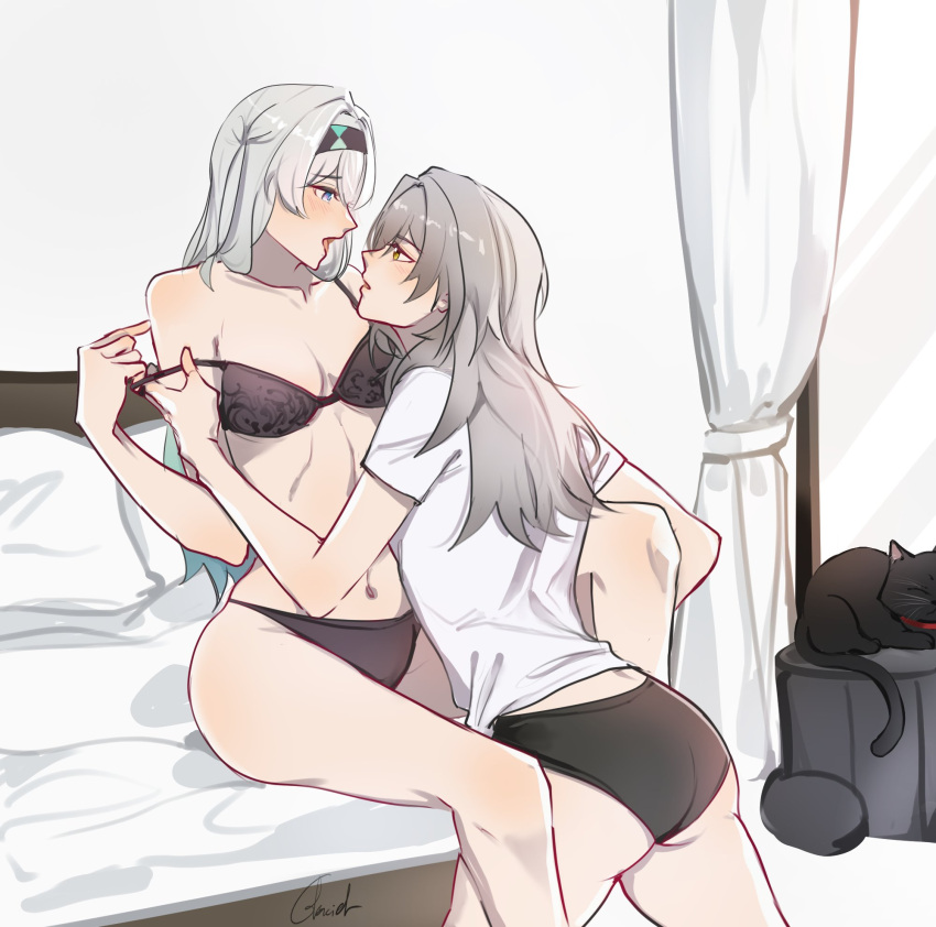 2girls between_legs black_bra black_cat black_panties blue_hair blush bra breasts commentary english_commentary eye_contact feline firefly_(honkai:_star_rail) glaciel gradient_hair grey_hair highres honkai:_star_rail honkai_(series) indoors long_hair looking_at_another medium_breasts multicolored_hair multiple_girls on_bed open_mouth panties parted_lips pillow purple_eyes shirt short_sleeves sitting stelle_(honkai:_star_rail) strap_slip trailblazer_(honkai:_star_rail) underwear underwear_only undressing_another white_hair white_shirt yellow_eyes yuri