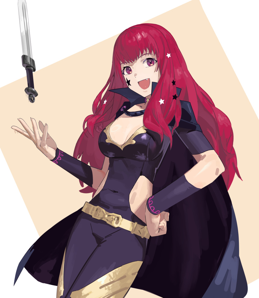 absurdres belt black_bodysuit black_cape bodysuit breasts cape choker cleavage clothing_cutout collarbone commentary covered_navel dagger female fire_emblem fire_emblem_engage hair_ornament hand_on_own_hip high_collar highres knife kucheat_zg long_hair looking_at_viewer medium_breasts oerba_yun_fang open_mouth pink_choker red_eyes red_hair short_sleeves simple_background smile solo star_(symbol) star_hair_ornament wavy_hair weapon yellow_belt yunaka_(fire_emblem)