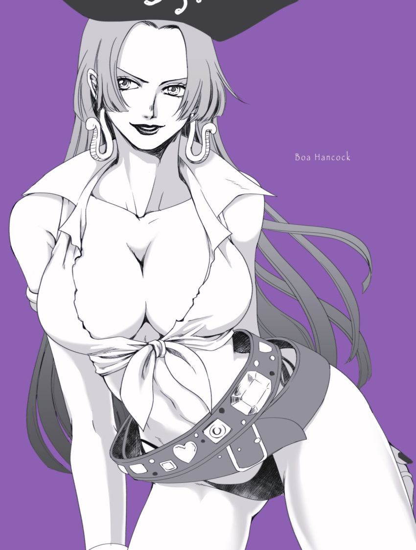 belt boa_hancock breasts character_name cleavage danbat_miho earrings female greyscale_with_colored_background hat highres jewelry large_breasts long_hair looking_to_the_side navel one_piece purple_background sidelocks simple_background smile snake_earrings solo