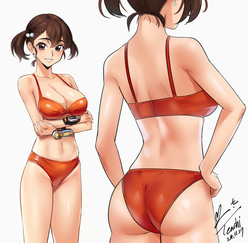 artist_name ass bikini breasts brown_eyes brown_hair chouriki_sentai_ohranger cleavage commentary_request commission crossed_arms dated feet_out_of_frame female from_behind hand_on_own_hip highres large_breasts looking_at_viewer maruo_momo multiple_views navel orange_bikini parted_bangs pixiv_commission short_hair signature simple_background smile super_sentai swimsuit twintails white_background yoo_tenchi