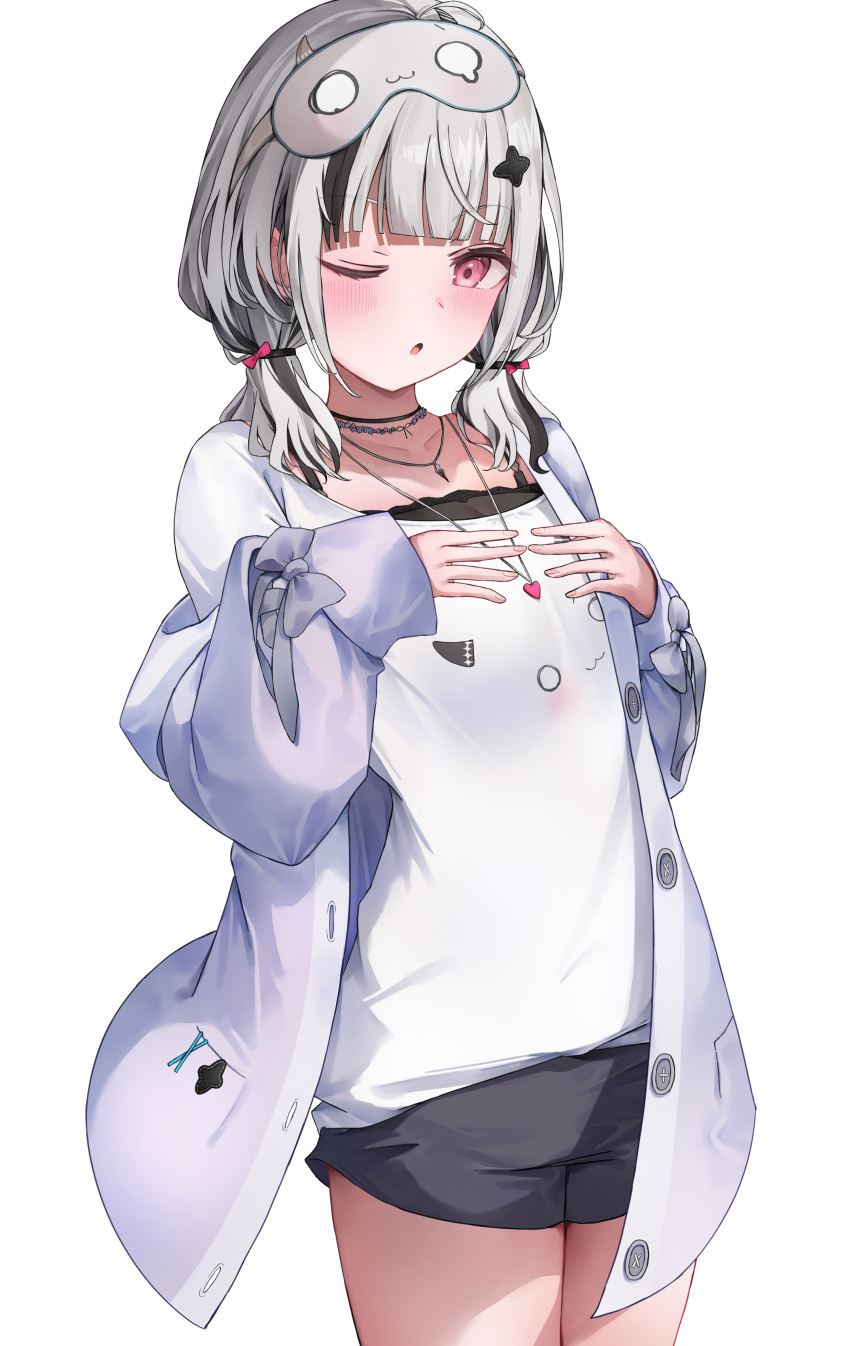 ;o absurdres asumi_sena asumi_sena_(5th_costume) black_hair black_shorts black_undershirt blunt_bangs cardigan female flat_chest grey_cardigan grey_hair hands_on_own_chest heart heart_necklace highres jewelry long_sleeves looking_at_viewer low_twintails medium_hair multicolored_hair multiple_necklaces necklace one_eye_closed pink_eyes shirt short_shorts shorts simple_background sleep_mask sleeve_ribbon solo streaked_hair tomone43 twintails virtual_youtuber vspo! white_background white_shirt