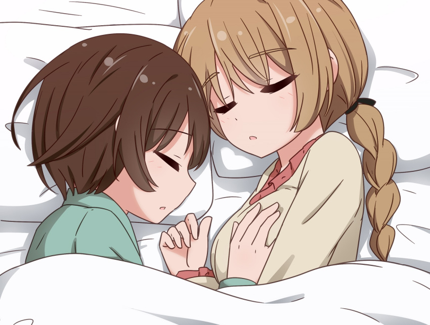 2girls blush braid brown_hair closed_eyes commentary_request cuddling from_above grabbing_another's_breast groping highres long_hair lynette_bishop miruzawa_akechi miyafuji_yoshika multiple_girls on_bed parted_lips pillow short_hair single_braid sleeping strike_witches:_aurora_no_majo strike_witches:_suomus_misfits_squadron under_covers upper_body world_witches_series yuri