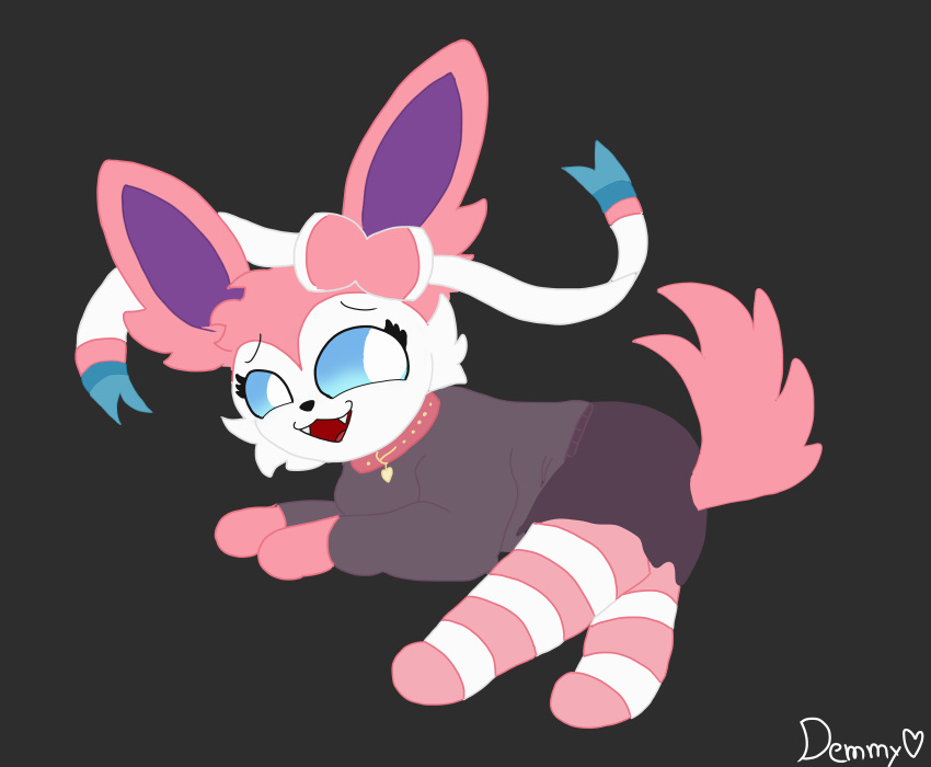 anthro clothing collar demmy eeveelution female footwear generation_6_pokemon happy hi_res looking_back looking_pleasured male male/male nintendo pink_body pokemon pokemon_(species) socks solo sylveon tail white_body