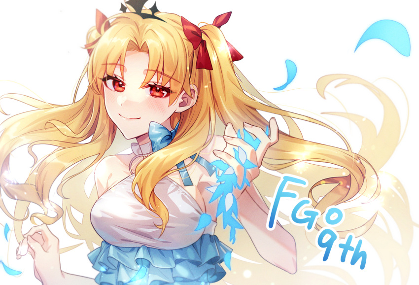 anniversary bare_shoulders black_tiara blonde_hair blue_bow blue_one-piece_swimsuit blue_petals bow breasts c_bako closed_mouth commentary copyright_name english_commentary english_text ereshkigal_(fate) fate/grand_order fate_(series) female fingernails frilled_one-piece_swimsuit frills hair_ribbon hands_up long_hair looking_at_viewer o-ring o-ring_swimsuit one-piece_swimsuit red_eyes red_ribbon ribbon smile solo space_ereshkigal_(fate) space_ereshkigal_(first_ascension)_(fate) swimsuit tiara two-tone_one-piece_swimsuit two_side_up upper_body white_one-piece_swimsuit