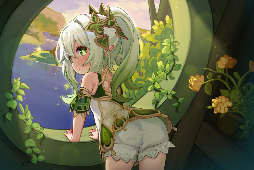 absurdres arm_support ass bloomers blush cloud commentary day dress english_commentary female flower from_behind genshin_impact green_eyes hair_ornament highres leaning_forward long_hair looking_back luxuriou_s mixed-language_commentary nahida_(genshin_impact) ocean plant pointy_ears potted_plant scenery short_dress side_ponytail sky sleeveless sleeveless_dress smile solo thighs white_bloomers white_dress white_hair window