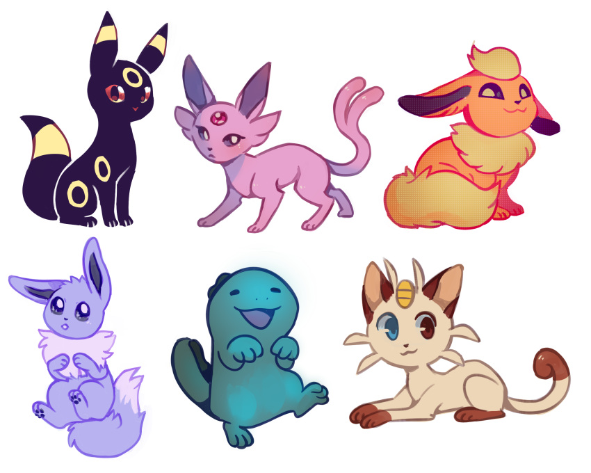 2018 5:4 ambiguous_gender anterior_nasal_aperture biped black_body blue_body blue_eyes brown_eyes cat_smile closed_eyes closed_smile digital_media_(artwork) eevee eeveelution espeon feral flareon flavia-elric fluffy fluffy_tail forehead_gem fur gem generation_1_pokemon generation_2_pokemon group heterochromia hi_res levi_(flavia-elric) lying markings meowth mouth_closed neck_tuft nintendo on_front on_ground open_mouth open_smile orange_body pawpads paws pink_body pokemon pokemon_(species) pupils quadruped quagsire red_gem simple_background sitting smile standing tail tongue tuft umbreon white_background white_pupils yellow_markings