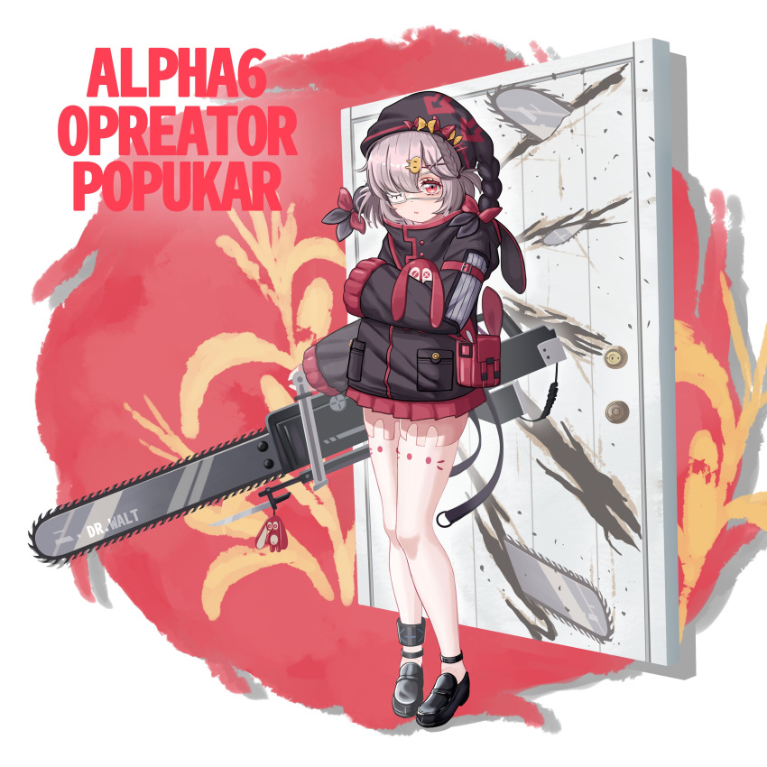 absurdres animal_ears arknights black_jacket chainsaw chainsaw_man character_name door eyepatch female grey_hair hair_ornament hat highres holding holding_chainsaw jacket long_sleeves looking_at_viewer popukar_(arknights) red_eyes shoes short_hair skirt solo thighhighs x_hair_ornament ye_lan_a_ye_lan