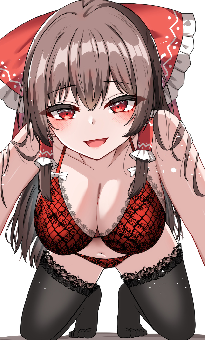 absurdres alternate_costume black_thighhighs blush bow bra breasts brown_hair cleavage commentary_request female frilled_bow frilled_hair_tubes frills hair_tubes hairbow hakurei_reimu highres kiui_(dagk8254) lace-trimmed_thighhighs lace_trim long_hair looking_at_viewer navel open_mouth paid_reward_available panties red_bow red_bra red_eyes red_panties simple_background smile solo thighhighs touhou underwear very_long_hair