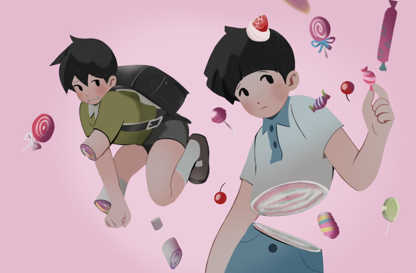 2boys absurdres anheng3ll backpack bag black_hair blunt_bangs blush brothers candy candy_gore cherry food food-themed_hair_ornament frown fruit guro hair_ornament highres kageyama_ritsu kageyama_shigeo lolicon lollipop mob_psycho_100 multiple_boys shirt shoes shorts siblings socks strawberry_hair_ornament