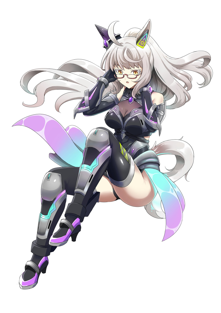 absurdres ahoge animal_ears armor bare_shoulders biwa_hayahide_(engineered_victory)_(umamusume) biwa_hayahide_(umamusume) black_thighhighs blush boots breasts character_name cleavage commentary ear_covers ear_ornament elbow_gloves female glasses gloves gradient_background grey_hair hand_in_own_hair highres horse_ears horse_girl horse_tail kneeling large_breasts long_hair official_alternate_costume official_alternate_hairstyle open_mouth outside_border ponytail rimless_eyewear simple_background single_ear_cover smile solo sudhiro_sappurisa tail thigh_boots thighhighs umamusume very_long_hair white_background