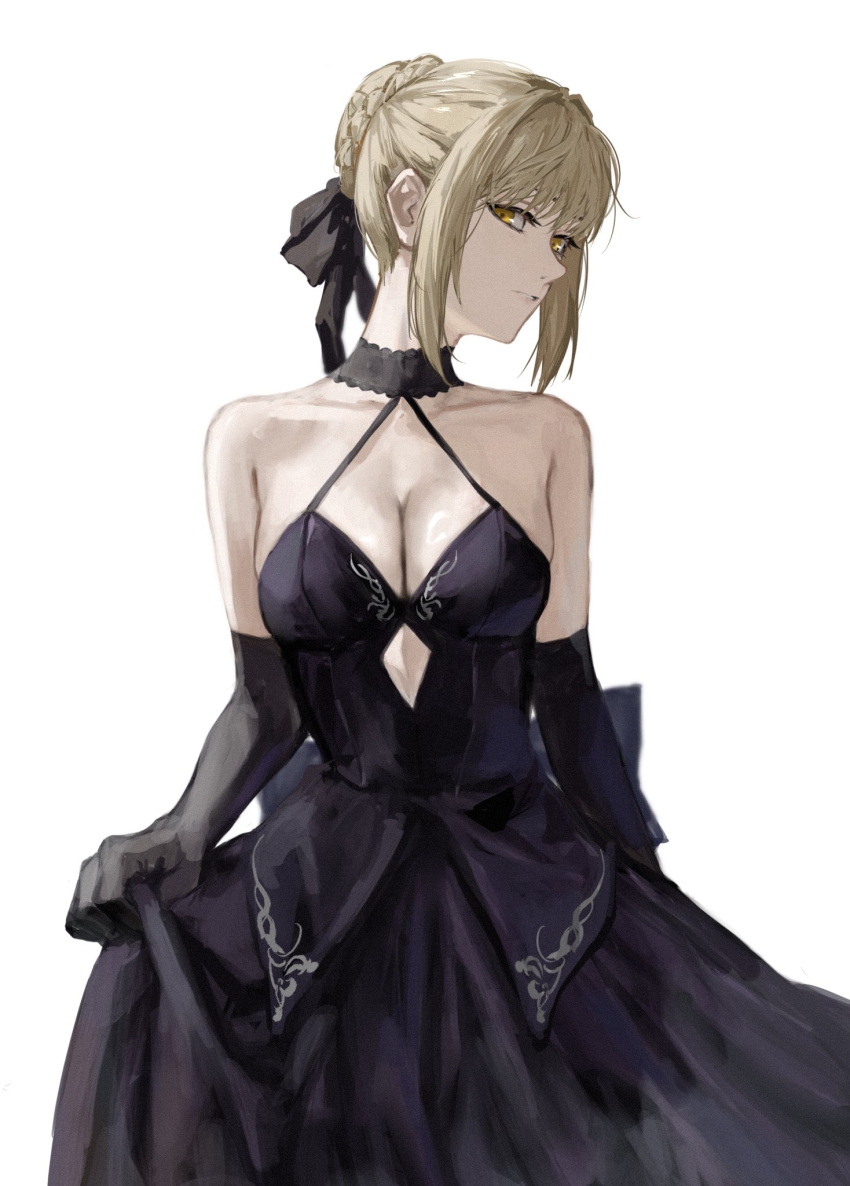 artoria_pendragon_(fate) bare_shoulders black_choker black_dress black_gloves black_ribbon blonde_hair bow braid braided_bun breasts choker cleavage closed_mouth collarbone commentary cowboy_shot dress elbow_gloves facing_away fate/stay_night fate_(series) female gloves hair_bun hair_ribbon highres looking_at_viewer medium_breasts official_alternate_costume raberu_ruru ribbon saber_alter short_hair sidelocks simple_background single_hair_bun skirt_hold solo standing strapless strapless_dress symbol-only_commentary white_background yellow_eyes