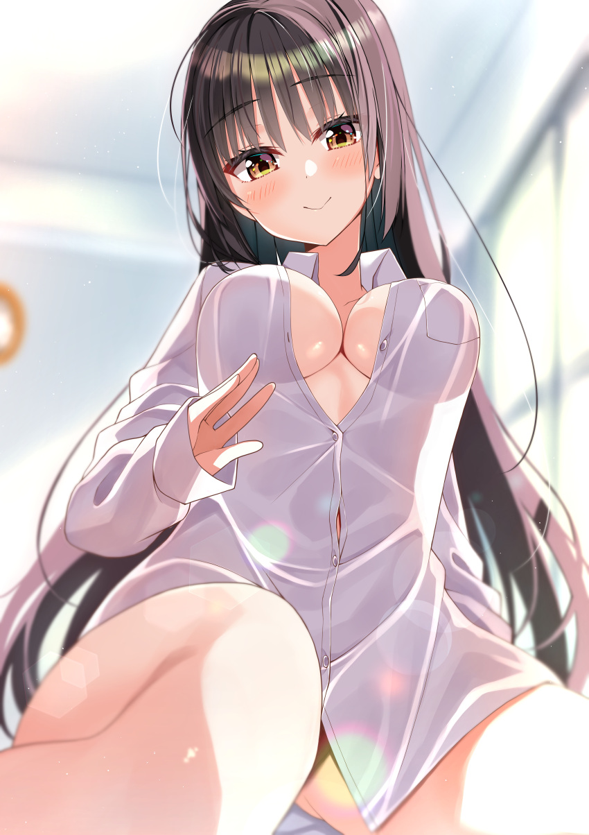 :> absurdres black_hair blurry blurry_background blush breasts cafe_stella_to_shinigami_no_chou closed_mouth collared_shirt commentary_request day depth_of_field dress_shirt eyelashes eyes_visible_through_hair female foreshortening from_below hair_between_eyes hand_up happy highres indoors large_breasts lens_flare long_hair looking_at_viewer looking_down moaning naked_shirt partial_commentary partially_unbuttoned pov shiki_natsume shirt sitting sleeves_past_wrists smile solo straight_hair tsurime underboob urakawa_^p^ very_long_hair white_shirt yellow_eyes