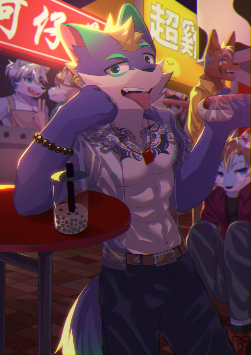 abs absurd_res anthro arm_on_table athletic athletic_anthro athletic_male ayu_space_(potato_12_13) background_character belt belt_buckle beverage blonde_hair bottomwear bracelet bubble_tea buckle canid canine canis chest_tattoo clothed clothing detailed_background dipstick_ears dipstick_tail domestic_dog ear_markings ear_piercing ear_tuft fangs food fur green_ear_tips green_eyes green_nipples green_tail_tip group hair half-closed_eyes hand_on_cheek heterochromia hi_res holding_food holding_object jewelry looking_at_viewer male mammal markings multicolored_ears narrowed_eyes necklace nipple_piercing nipples open_clothing open_mouth open_shirt open_topwear pants piercing potato_12_13 purple_body purple_bottomwear purple_clothing purple_ears purple_eyes purple_fur purple_pants purple_tail shirt tail tail_markings tattoo teeth tongue tongue_out tongue_piercing topwear translucent translucent_clothing translucent_shirt translucent_topwear tuft