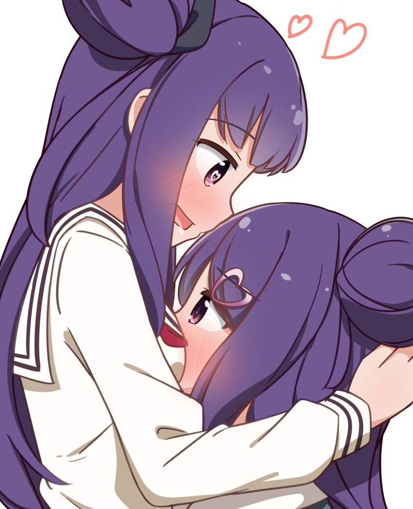 2girls between_breasts blush breasts commentary_request double_bun face_between_breasts hair_bun hand_on_another's_head head_between_breasts heart heart-shaped_pupils highres hug incest long_hair miruzawa_akechi multiple_girls ochikobore_fruit_tart open_mouth purple_eyes purple_hair sailor_collar school_uniform sekino_chiko sekino_roko serafuku shirt siblings simple_background sisters symbol-shaped_pupils white_background white_sailor_collar white_shirt yuri