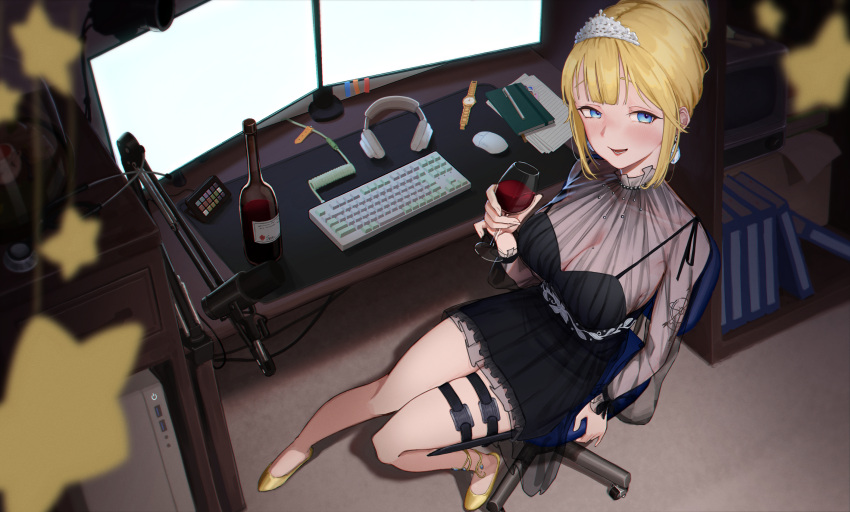 alcohol at_computer black_dress blonde_hair blue_eyes bottle breasts chair cleavage commission computer computer_keyboard computer_mouse computer_tower cup dagger dress drinking_glass female from_above gaming_chair hair_bun headphones highres holding holding_cup hololive hololive_english holster knife large_breasts long_sleeves looking_at_viewer microphone microphone_stand mole mole_on_breast monitor notebook official_alternate_costume official_alternate_hairstyle open_mouth pearl_choker pixiv_commission sash see-through_clothes see-through_dress shoes short_dress single_hair_bun sitting smile solo sppzr star_(symbol) swivel_chair thigh_holster thigh_strap tiara virtual_youtuber watch watson_amelia watson_amelia_(party_dress) weapon wine wine_bottle wine_glass wristwatch yellow_footwear