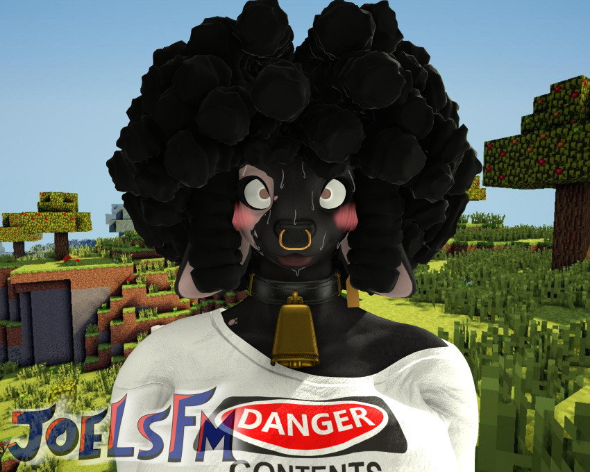 3d_(artwork) 5:4 anthro bell bell_collar blush bodily_fluids bovid bovine cattle clothed clothing collar digital_media_(artwork) ears_down female hair hi_res joelsfm looking_at_viewer luisana_(joelsfm) mammal microsoft minecraft minecraft_background mojang pivoted_ears solo source_filmmaker_(artwork) sweat sweatdrop xbox_game_studios