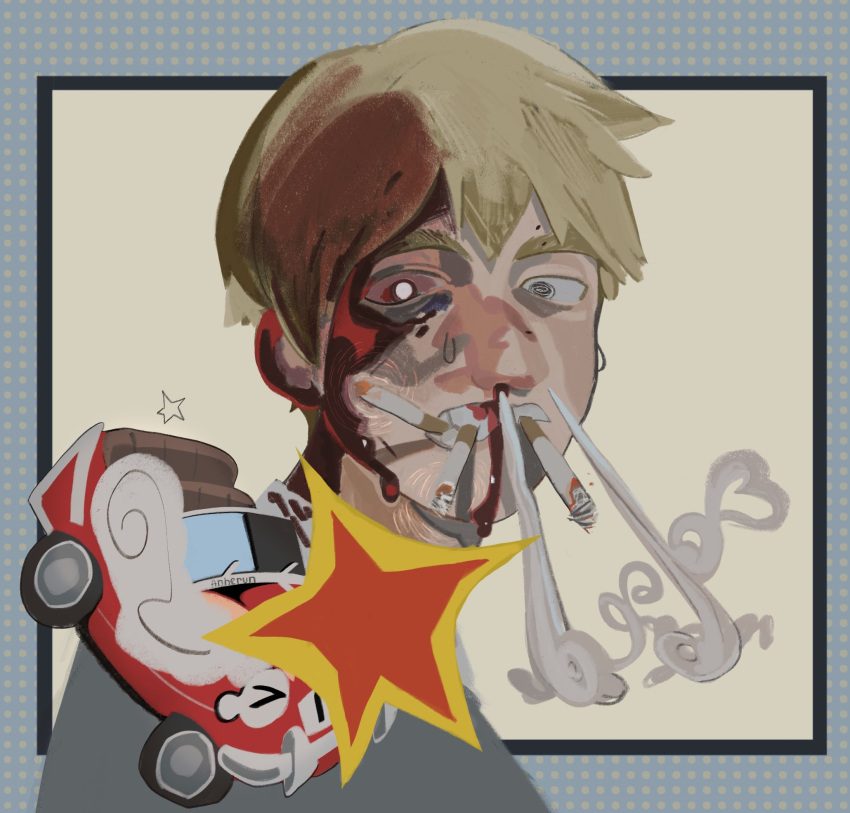 1boy anheng3ll blood blood_in_hair blood_on_face bloodshot_eyes car car_crash cigarette commentary guro highres injury mob_psycho_100 motor_vehicle nosebleed reigen_arataka smoking solo sweat