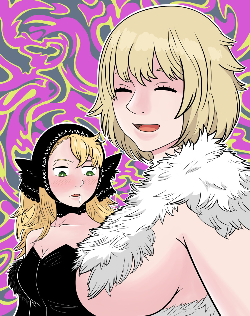 abstract_background absurdres alferhj asymmetrical_bangs bare_shoulders black_dress blonde_hair blush breasts cleavage closed_eyes collarbone dress drooling dungeon_meshi elf falin_touden fur-trimmed_dress fur_trim girl_staring_at_guy's_chest_(meme) green_eyes highres large_breasts long_hair looking_at_another marcille_donato meme parted_lips pointy_ears short_hair smile upper_body white_fur