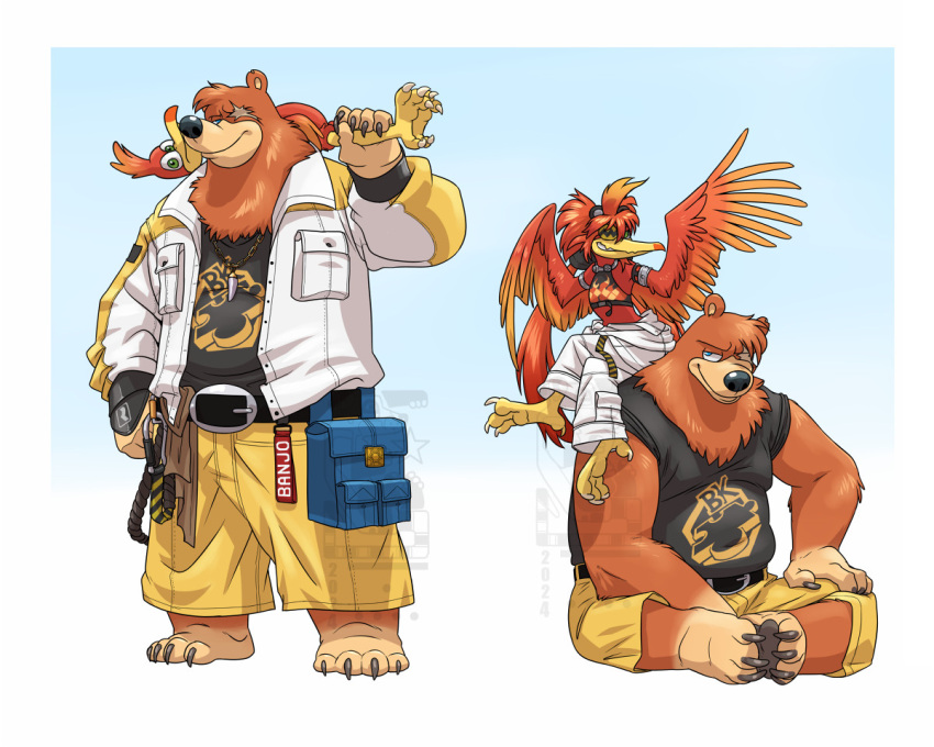 2024 4_toes 5:4 5_fingers anthro avian banjo-kazooie banjo_(banjo-kazooie) barefoot bear belt ben_bigger black_nose bottomwear breegull brown_body brown_fur clothed clothed_anthro clothed_female clothed_male clothing cosplay crossover crossover_cosplay duo eclipticafusion eye_patch eye_scar eyewear facial_scar fake_ears feathers feet female fingers fur hindpaw holding_both_legs humanoid_hands jacket kazooie koleda_belobog male mammal mihoyo multicolored_body multicolored_feathers pants paws rareware red_body red_feathers scar shirt shorts sitting tank_top toes topwear two_tone_body two_tone_feathers yellow_body yellow_feathers zenless_zone_zero