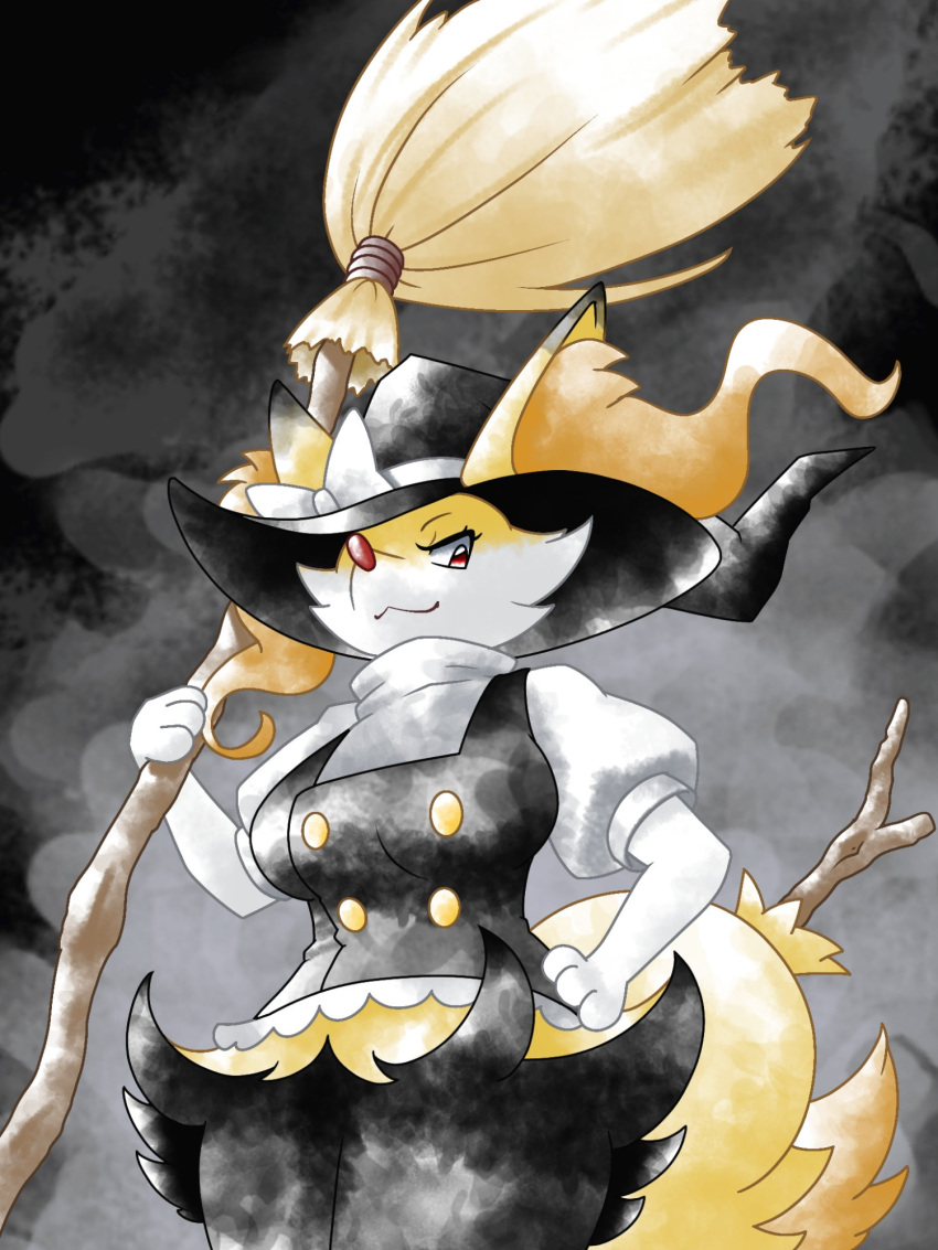 3:4 alternate_species anthro big_breasts black_background black_body black_clothing black_fur black_hat black_headwear black_topwear braixen breasts broom cheek_tuft cleaning_tool clothing dipstick_ears dipstick_tail ear_markings eyelashes facial_tuft female fur generation_6_pokemon greatmothsucks grey_background hand_on_hip hat headgear headwear hi_res holding_broom holding_cleaning_tool holding_object inner_ear_fluff marisa_kirisame markings multicolored_ears nintendo pokemon pokemon_(species) red_eyes red_nose simple_background smile solo stick tail tail_markings thick_thighs topwear touhou tuft white_bow white_clothing white_topwear wide_hips witch_hat yellow_body yellow_fur