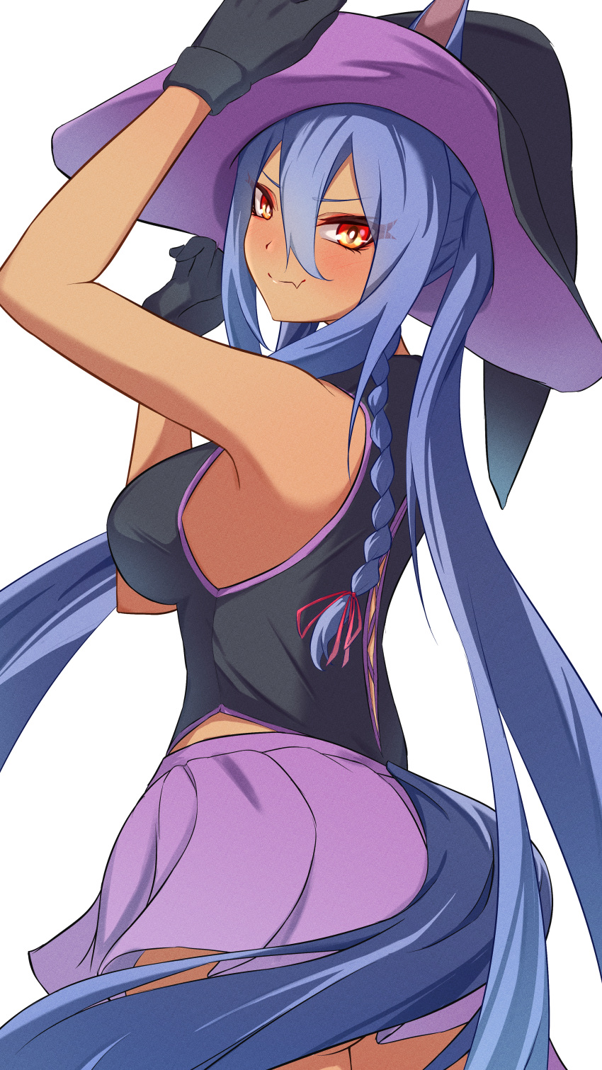 absurdres alternate_costume animal_ears armpits black_hair black_hat black_shirt blush breasts closed_mouth commentary_request dark_skin ear_ornament ears_through_headwear eve_on_k female hair_between_eyes hat highres hishi_amazon_(umamusume) horse_ears horse_girl horse_tail long_hair looking_at_viewer looking_back oerba_yun_fang purple_skirt shirt simple_background skin_fang skirt smile solo tail tail_through_clothes tan umamusume upper_body white_background witch_hat