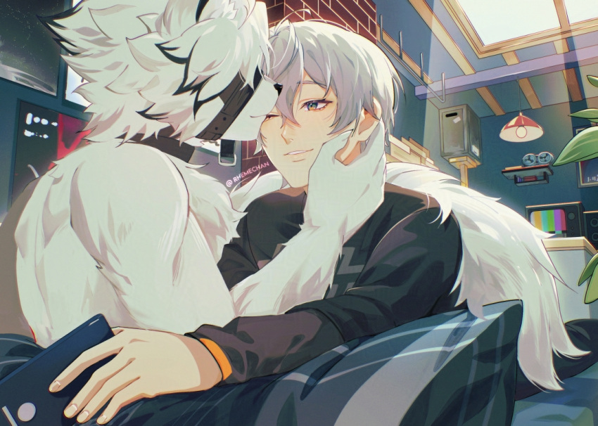 anthro clothed clothing cuddling duo fur grey_hair hair harness human kissing leather leather_harness male male/male mammal mihoyo rhemechan romantic romantic_couple smile topless topless_anthro von_lycaon white_body white_fur wise_(zenless_zone_zero) zenless_zone_zero