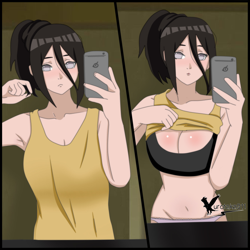 1girls agung911 boruto:_naruto_next_generations bra female female_only hyuuga_hanabi konohagakure_symbol lifting_shirt naruto naruto_(series) panties phone selfie solo solo_female