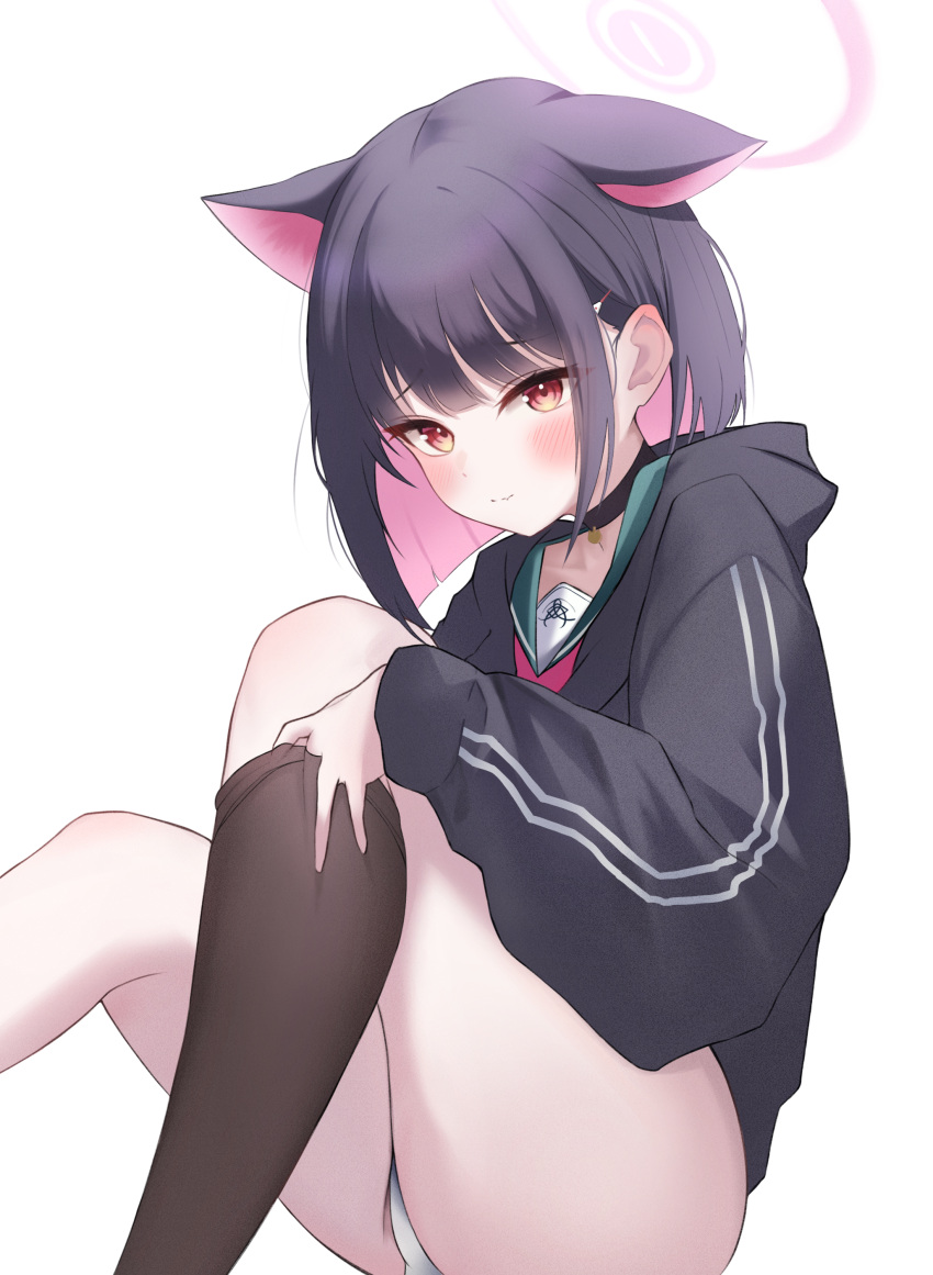 absurdres animal_ears black_choker black_hair black_jacket black_socks blue_archive blush cat_ears choker closed_mouth colored_inner_animal_ears colored_inner_hair commentary_request extra_ears female green_sailor_collar highres hood hood_down hooded_jacket jacket kazusa_(blue_archive) knees_up looking_at_viewer multicolored_hair neckerchief panties pantyhose pink_hair pink_neckerchief red_eyes sailor_collar short_hair simple_background sitting socks solo two-tone_hair underwear user_ekes5425 white_background white_panties