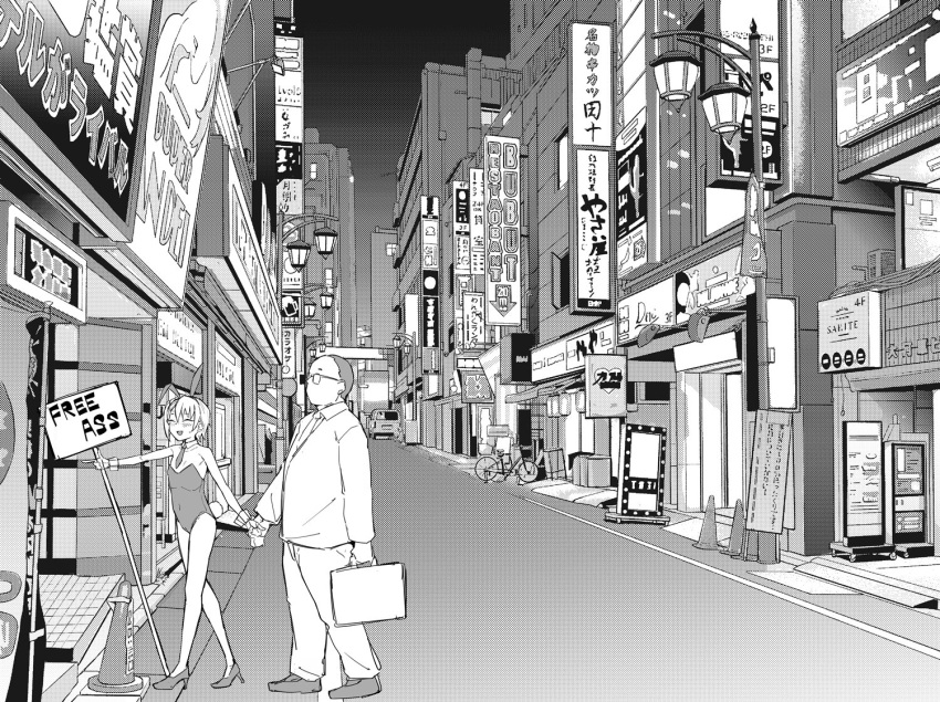 1boy animal_ears building fake_animal_ears feline female flat_chest full_body greyscale high_heels holding holding_hands holding_sign monochrome night original outdoors playboy_bunny rabbit_ears road short_hair sign smile street suit town zettai_yarumoni