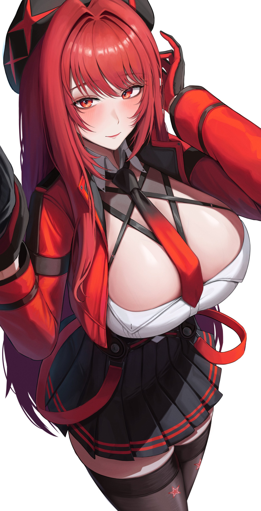 absurdres beret black_gloves black_thighhighs blush bodam breasts cleavage cropped_jacket female gloves goddess_of_victory:_nikke hat highres large_breasts long_hair long_sleeves looking_at_viewer necktie rapi_(nikke) red_eyes red_hair red_necktie shirt solo spoilers thighhighs thighs two-tone_gloves