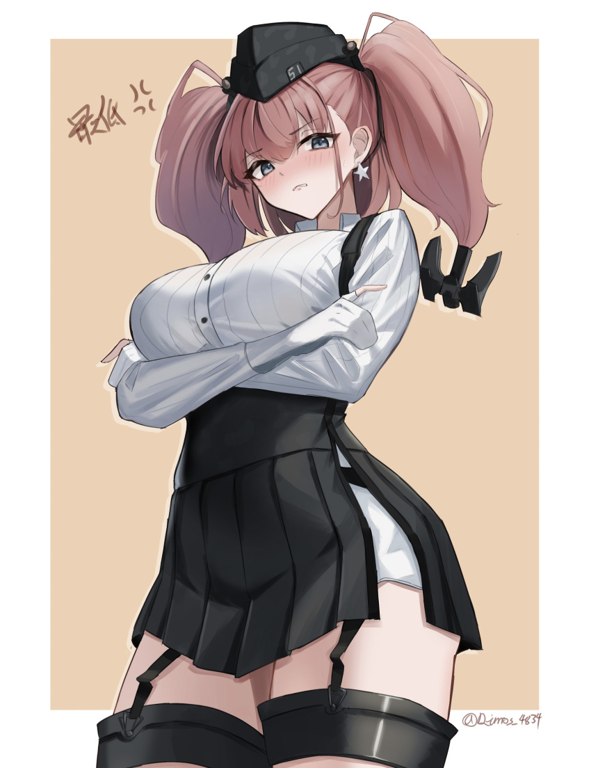 absurdres angry atlanta_(kancolle) black_hat black_skirt blush breasts brown_hair commentary cowboy_shot crossed_arms dimos_(dawn_1945) dress_shirt earrings female garrison_cap gloves grey_eyes hair_ornament hat high-waist_skirt highres jewelry kantai_collection large_breasts long_hair long_sleeves orange_background partially_fingerless_gloves shirt single_earring skirt solo star_(symbol) star_earrings suspender_skirt suspenders twitter_username two_side_up white_background white_shirt