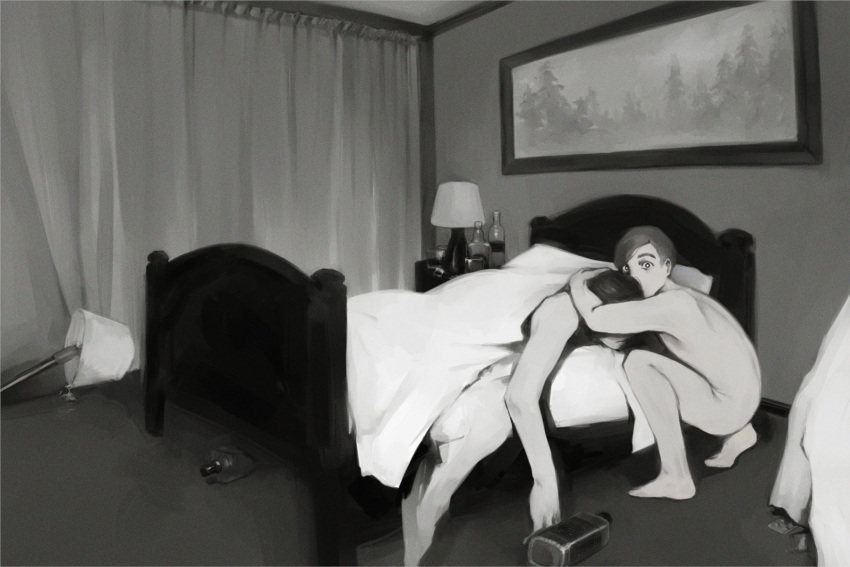 2boys bed blanket bottle clay_puppington corpse curtains father_and_son feet greyscale highres hug lamp monochrome moral_orel multiple_boys nid_log nude on_bed orel_puppington painting_(object) squatting surprised