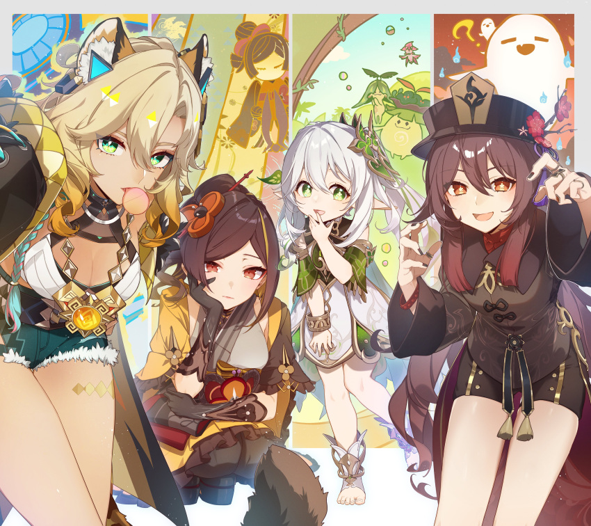 4girls absurdres aiwo_o_lite animal_ears aranara_(genshin_impact) black_nails blonde_hair boo_tao_(genshin_impact) breasts brown_hair chiori_(genshin_impact) drill_hair flower-shaped_pupils genshin_impact ghost green_eyes hair_between_eyes hair_ornament highres hu_tao_(genshin_impact) jaguar_ears jaguar_girl jaguar_tail japanese_clothes jewelry kimono long_hair multicolored_hair multiple_girls nahida_(genshin_impact) open_mouth pointy_ears red_eyes second-party_source shorts symbol-shaped_pupils tail toes twintails very_long_hair xilonen_(genshin_impact)