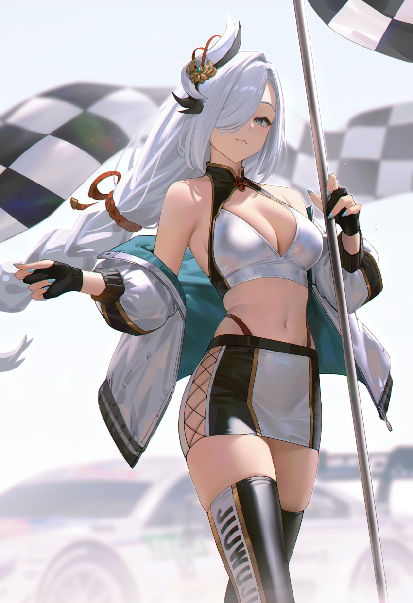 95_(jiuwujiang) absurdres alternate_costume armpit_crease artist_name bare_shoulders black_collar black_gloves blue_eyes blue_nails boots breasts bright_pupils car checkered_flag cleavage closed_mouth collar commentary contemporary cowboy_shot crop_top cross-laced_clothes cross-laced_skirt english_commentary female flag genshin_impact gloves hair_ornament hair_over_one_eye hand_up highres holding holding_flag jacket large_breasts long_hair looking_at_viewer low-braided_long_hair low-tied_long_hair motor_vehicle nail_polish navel off_shoulder partially_fingerless_gloves race_queen race_vehicle racecar shenhe_(genshin_impact) shirt skirt solo stomach thigh_boots thighs white_hair white_jacket white_pupils white_shirt white_skirt