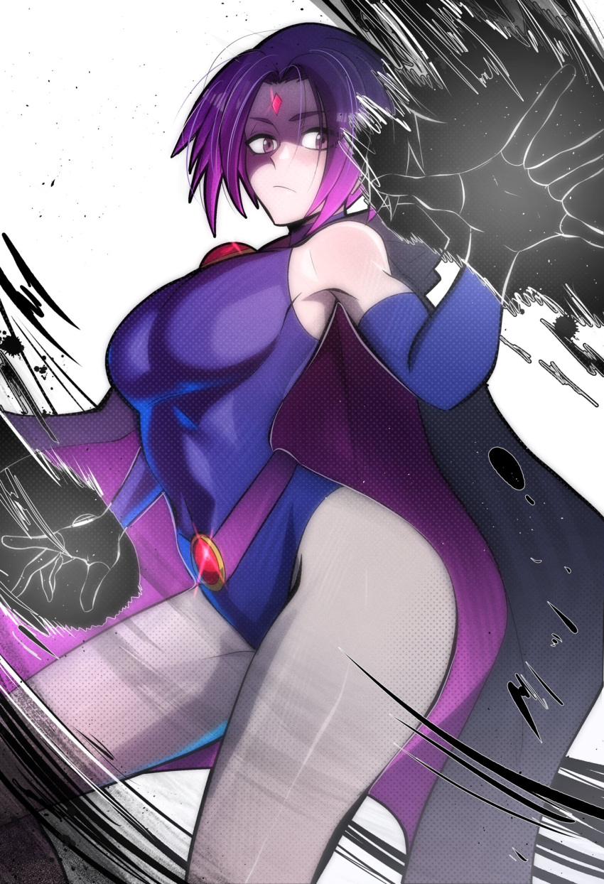 ass bare_legs bare_shoulders breasts cloak colored_skin dc_comics elbow_gloves female fingerless_gloves forehead_jewel gloves grey_skin highres hood hooded_cloak large_breasts leotard multiversus pale_skin purple_eyes purple_hair purple_leotard raven_(dc) short_hair solo teen_titans thatamaan thighs umbrakinesis white_background