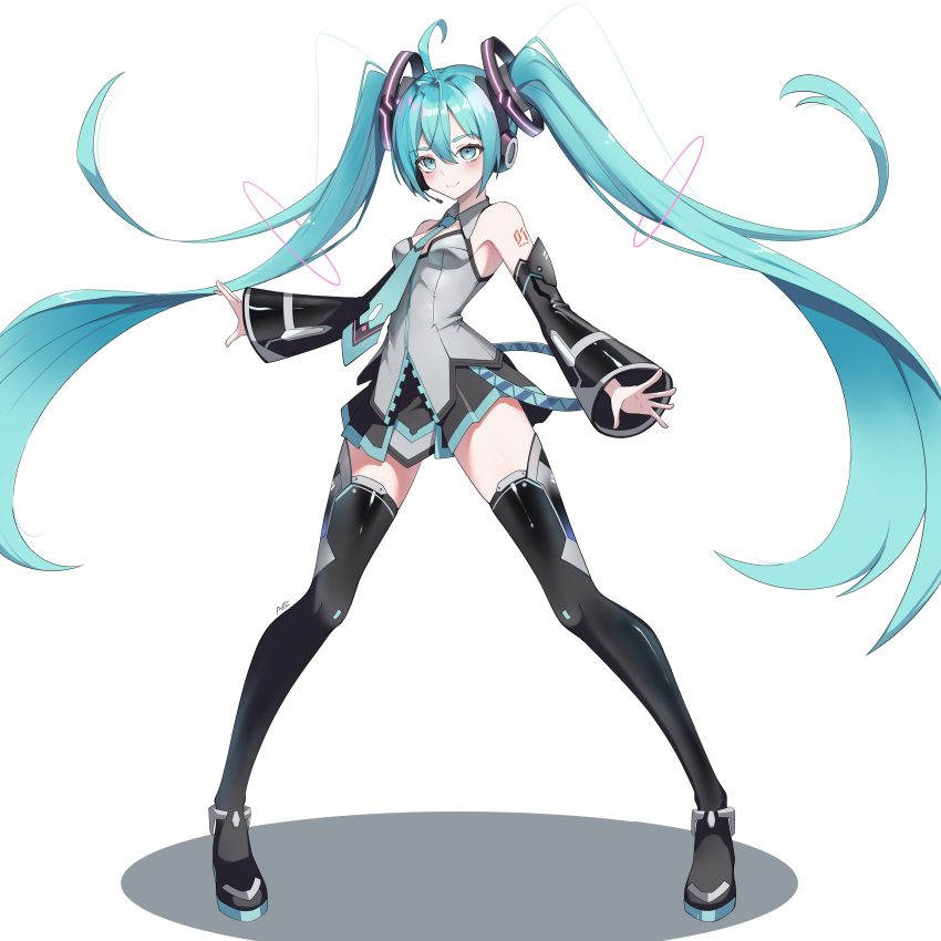 absurdres ahoge aqua_eyes aqua_hair aqua_trim black_footwear black_skirt black_sleeves blush boots breasts closed_mouth collared_shirt commentary detached_sleeves english_commentary female from_side full_body grey_shirt hair_ornament hatsune_miku headphones highres knee_boots long_hair long_sleeves looking_at_viewer magical_mirai_(vocaloid) magical_mirai_miku magical_mirai_miku_(2014) procrastinator39 shirt shoulder_tattoo simple_background skirt sleeveless sleeveless_shirt small_breasts smile solo standing tattoo twintails very_long_hair vocaloid white_background wide_sleeves