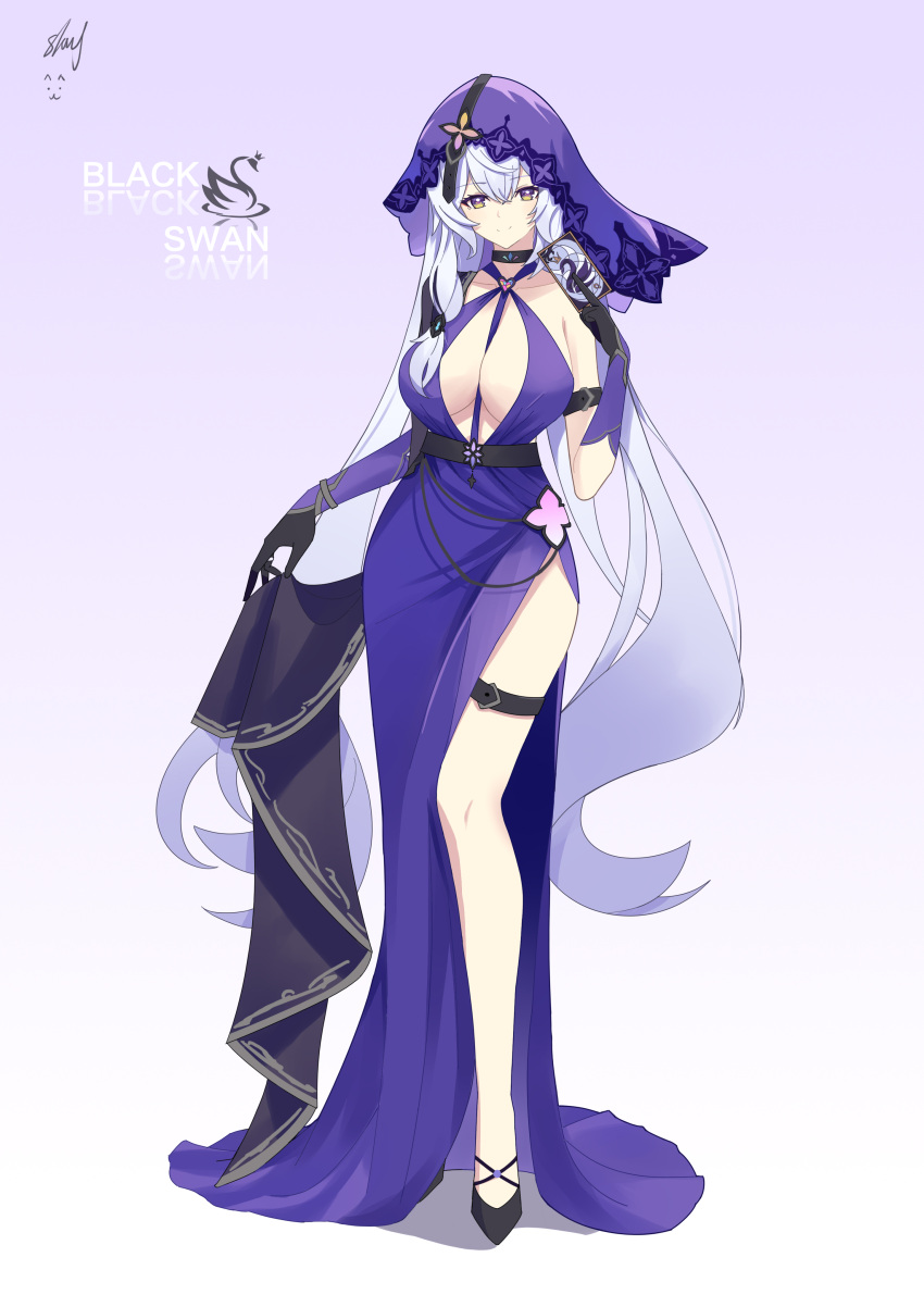 absurdres alternate_costume black_choker black_swan_(honkai:_star_rail) breasts card choker cleavage cocktail_dress dress elbow_gloves female full_body gloves hair_between_eyes high_heels highres holding holding_card honkai:_star_rail honkai_(series) large_breasts looking_at_viewer purple_eyes purple_gloves purple_hair purple_veil side_slit simple_background smile solo veil xiao_shang_geigei