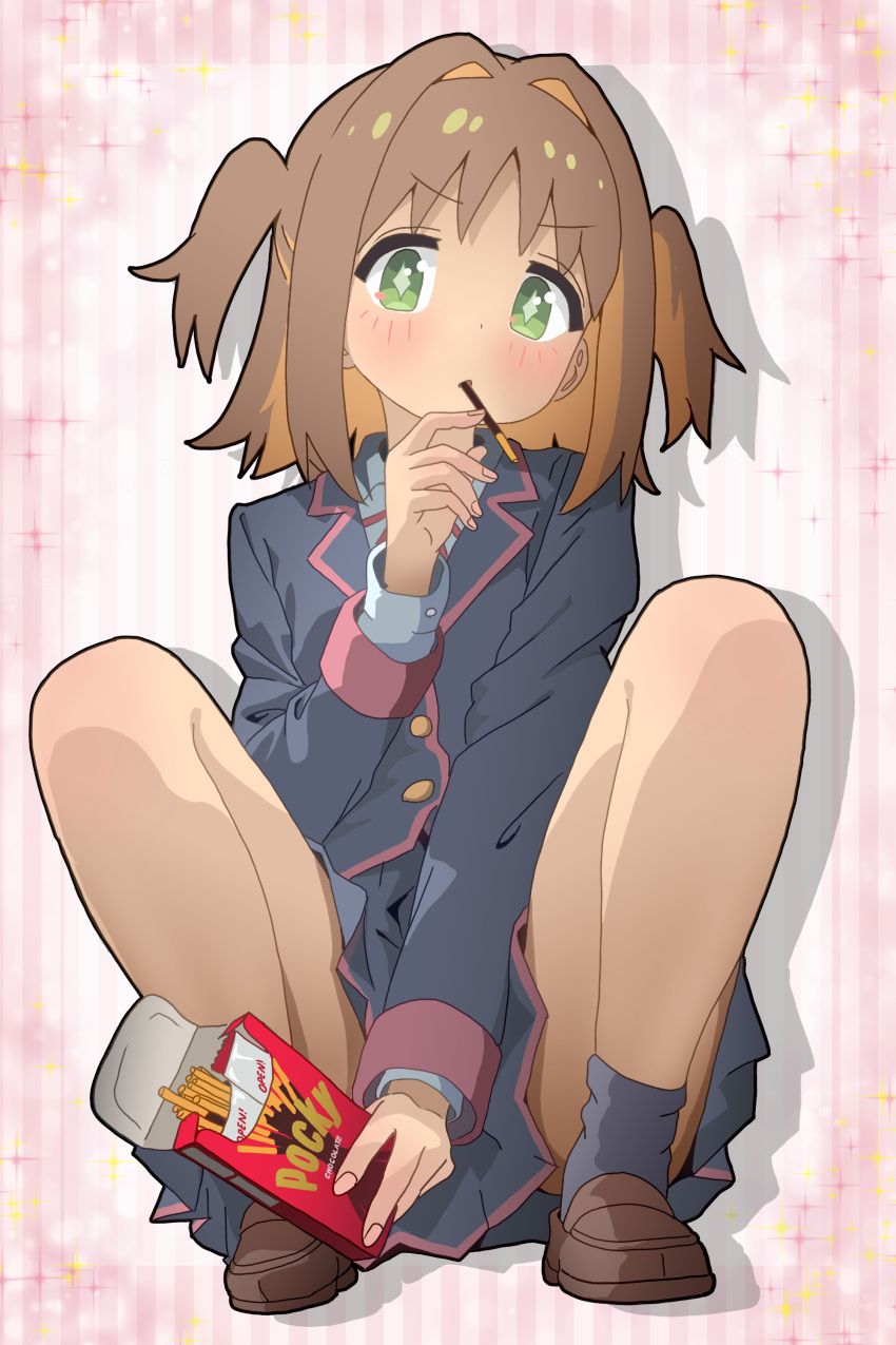 absurdres bare_legs black_jacket black_skirt black_socks blush brown_hair colored_inner_hair commentary diamond-shaped_pupils diamond_(shape) female food food_in_mouth full_body green_eyes hair_intakes highres jacket long_sleeves looking_at_viewer medium_hair melciort multicolored_hair oka_asahi onii-chan_wa_oshimai! orange_hair pleated_skirt pocky pocky_day pocky_in_mouth school_uniform simple_background skirt socks solo sparkle_background squatting symbol-shaped_pupils two-tone_hair two_side_up