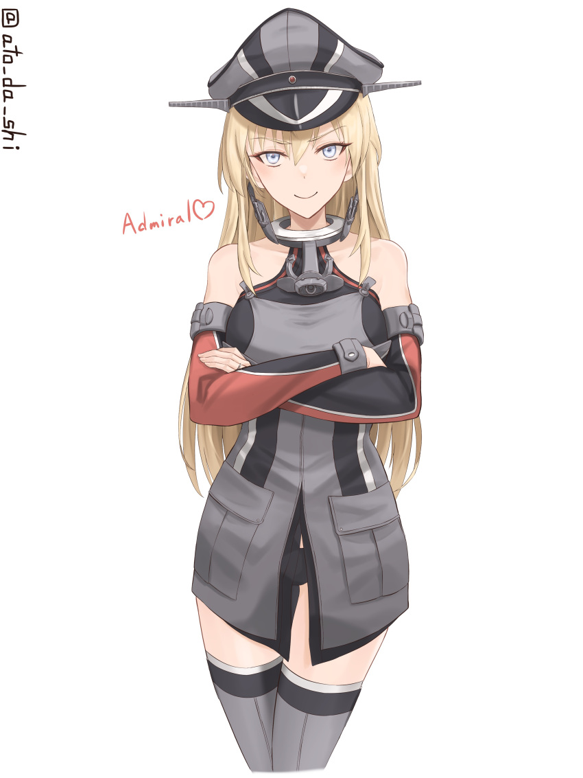 absurdres anchor_choker atodashi bare_shoulders bismarck_(kancolle) black_panties blonde_hair blue_eyes breasts brown_gloves crossed_arms detached_sleeves female gloves grey_thighhighs hair_between_eyes hat highres kantai_collection long_hair looking_at_viewer medium_breasts military_hat military_uniform panties peaked_cap smile solo standing thighhighs underwear very_long_hair white_background