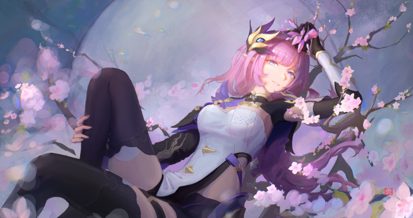 absurdres black_footwear black_gloves black_shorts blue_eyes breasts cherry_blossoms chinese_commentary cleavage clothing_cutout commentary_request corset elf elysia_(honkai_impact) elysia_(miss_pink_elf)_(honkai_impact) english_commentary female full_moon gloves highres honkai_(series) honkai_impact_3rd large_breasts long_hair mithiril mixed-language_commentary moon on_branch parted_lips pink_hair pointy_ears short_shorts shorts side_cutout solo thighs white_corset