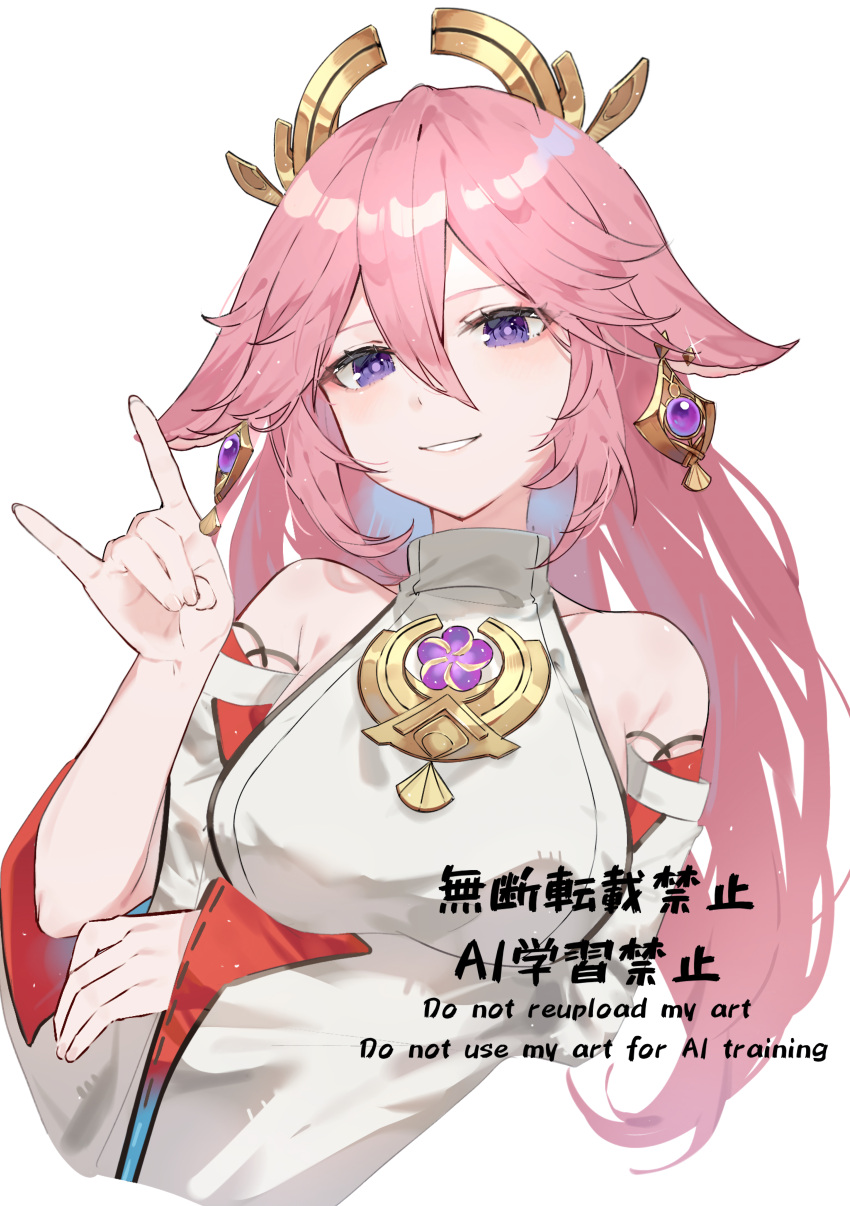 absurdres animal_ears breasts cropped_torso detached_sleeves ebitendon female floppy_ears fox_ears fox_shadow_puppet genshin_impact hair_between_eyes highres japanese_clothes large_breasts long_hair nontraditional_miko open_mouth pink_hair purple_eyes simple_background solo vision_(genshin_impact) white_background wide_sleeves yae_miko