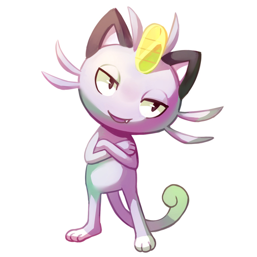 2016 alolan_form alolan_meowth ambiguous_gender anthro biped crossed_arms digital_media_(artwork) flavia-elric generation_7_pokemon hi_res nintendo open_mouth open_smile paws pokemon pokemon_(species) regional_form_(pokemon) simple_background smile solo standing tail white_background white_sclera