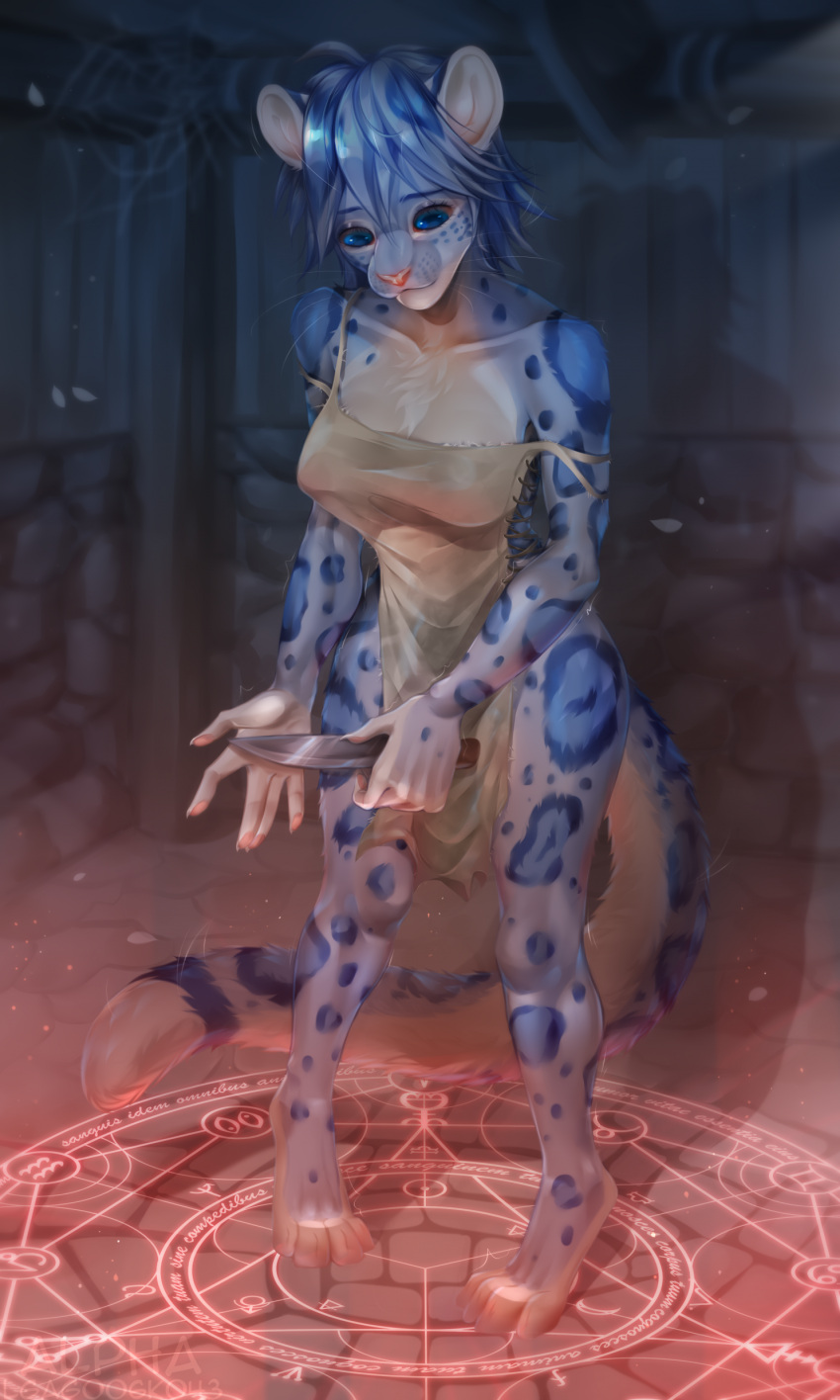 2024 4_toes 5_fingers absurd_res alchemical_symbol anthro basement blue_body blue_eyes blue_fur blue_hair blue_spots breasts chest_tuft clothed clothing cutting_self detailed_background digital_drawing_(artwork) digital_media_(artwork) dress feet felid female female_anthro fingers fur grey_body grey_fur grey_hair hair hi_res holding_knife holding_object inner_ear_fluff inside khajiit knife lgag006k043_(artist) looking_down m'ria_(maks_hunt) magic magic_circle magic_user mammal microsoft nervous pantherine ragged_clothing red_glow ritual self-harm shaking shivering snow_leopard solo spider_web spots standing symbol tail the_elder_scrolls toes tuft white_body white_fur wide_hips