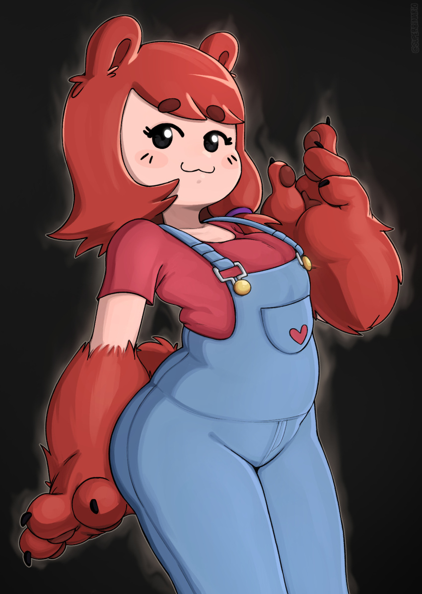 animal_humanoid bear bear_tail big_hands blush breasts clothed clothing digital_drawing_(artwork) digital_media_(artwork) female fur hair hi_res human humanoid hybrid mammal mammal_humanoid maya_la_osa overalls red_body red_fur red_hair short_tail simple_background small_breasts smile solo superbinario tail topwear ursid_humanoid ursine