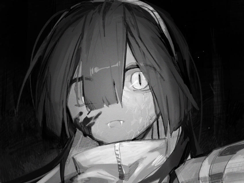 blood blood_on_face close-up closed_mouth commentary dated_commentary english_commentary fangs female greyscale hair_between_eyes highres looking_at_viewer monochrome night original outdoors slit_pupils solo trail_camera znz1_o09z