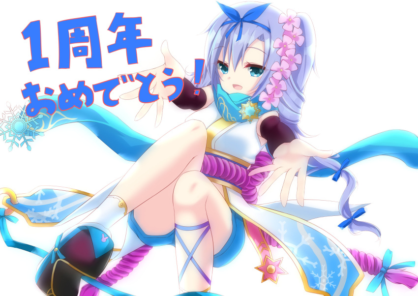 absurdres anniversary arm_warmers bare_shoulders black_footwear blue_eyes blue_hair blue_hairband blue_scarf blush bow_hairband commentary_request female flower hair_flower hair_ornament hairband highres japanese_clothes kimono kousetsu_samonji_(tenka_hyakken) light_blue_hair midair nyaromaru open_mouth parted_bangs reaching reaching_towards_viewer rope scarf shimenawa side_ponytail smile snowflake_brooch snowflake_print solo tenka_hyakken white_background white_kimono